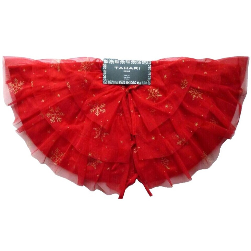 Tahari Mini Christmas Tree Skirt Tabletop TuTu Red Gold Snowflakes 24” Round